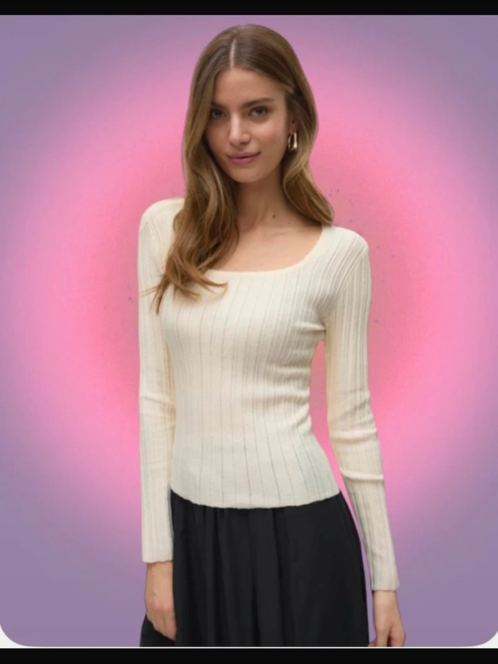 George Ivory Ribbed Scoop Neck Long Sleeve Top